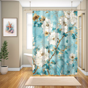 Japanese Cherry Blossoms Watercolor, Blue Shower Curtain
