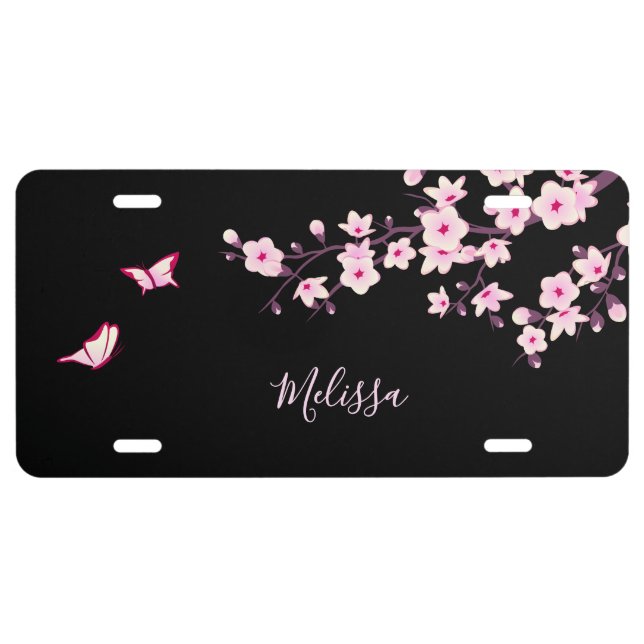 Japanese Cherry Flower Pink Black License Plate (Front)