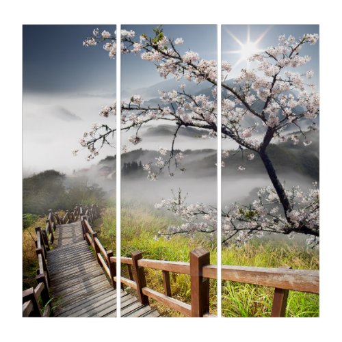 Japanese Cherry Landscape Acrylic Triptych