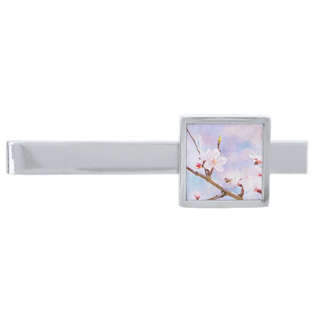 Japanese Cherry - Sakura In Bloom Silver Finish Tie Bar (Front)