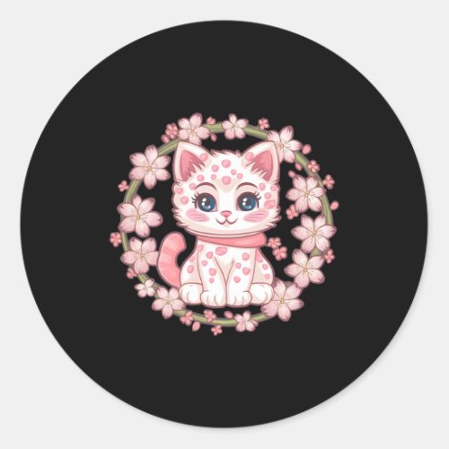 Japanese Cherry Sakura Kawaii Tree Kitten Flower C Classic Round Sticker