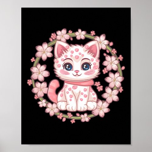 Japanese Cherry Sakura Kawaii Tree Kitten Flower C Poster