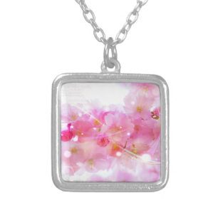 Japanese Cherry Tree with Pastel Pink Blossoms Silver Plated Necklace