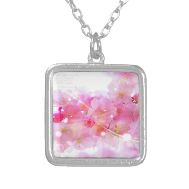 Japanese Cherry Tree with Pastel Pink Blossoms Silver Plated Necklace (Front)