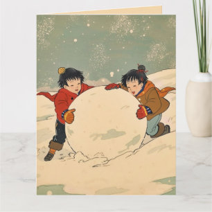 Japanese children rolling big snow ball card