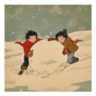 Japanese children rolling big snow ball