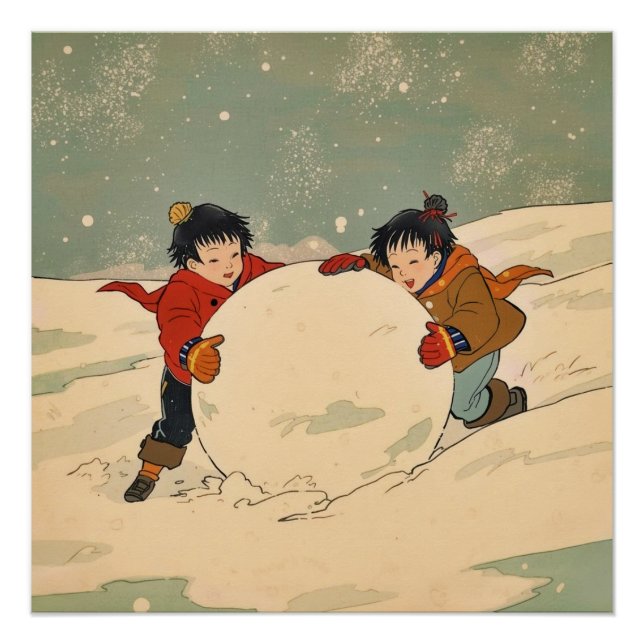 Japanese children rolling  big snow ball poster (Front)