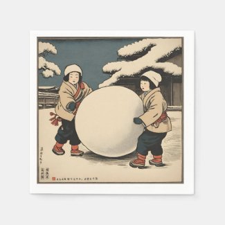 Japanese children rolling large snow ball