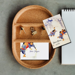 Japanese children rolling large snow balls business card