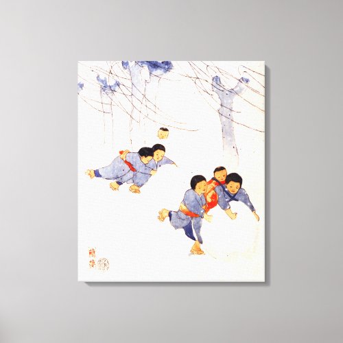 Japanese children rolling large snow balls canvas print