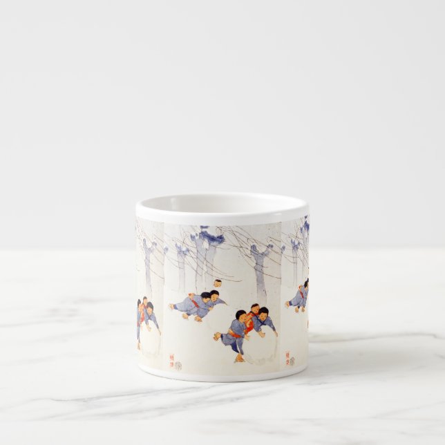 Japanese children rolling large snow balls   espresso cup (Front)