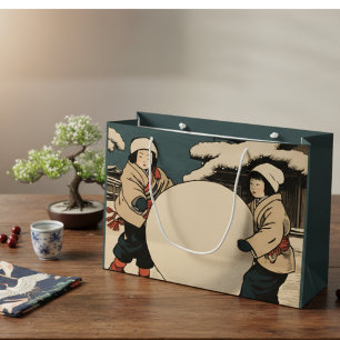 Japanese children rolling large snow balls gift bag