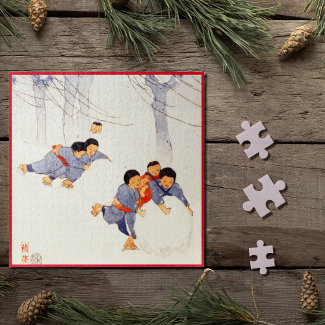 Japanese children rolling large snow balls  jigsaw