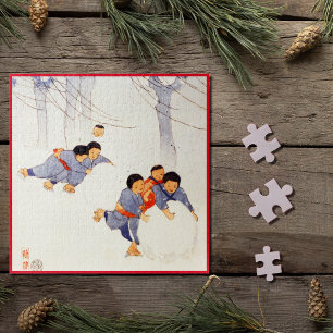 Japanese children rolling large snow balls jigsaw jigsaw puzzle