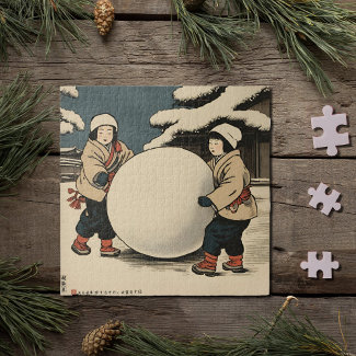 Japanese children rolling large snow balls