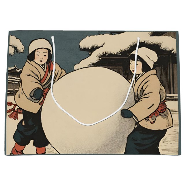 Japanese children rolling large snow balls large gift bag (Front)