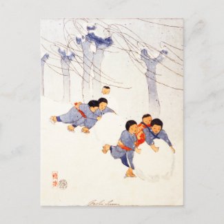 Japanese children rolling large snow balls