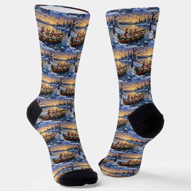 Japanese Chin Christmas Boat Holiday Socks (Angled)