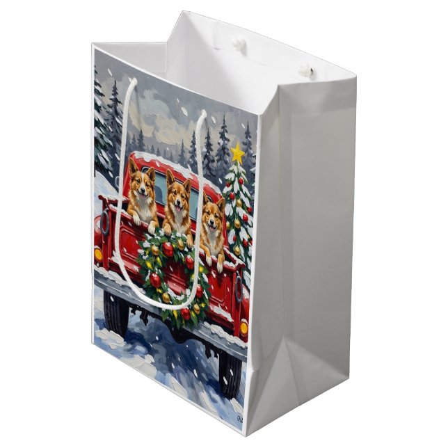 Japanese Chin Christmas Red Truck Holiday Medium Gift Bag (Front Angled)
