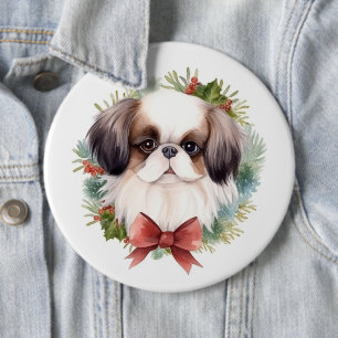 Japanese Chin Christmas Wreath Festive Pup Button