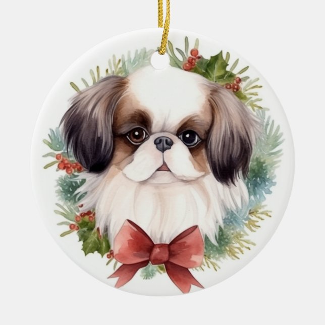 Japanese Chin Christmas Wreath Festive Pup Ceramic Ornament (Front)