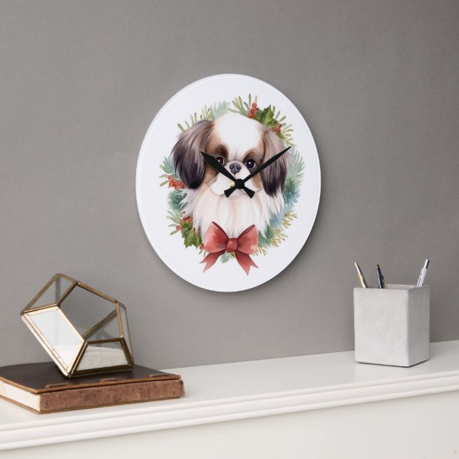 Japanese Chin Christmas Wreath Festive Pup Large Clock (Office)