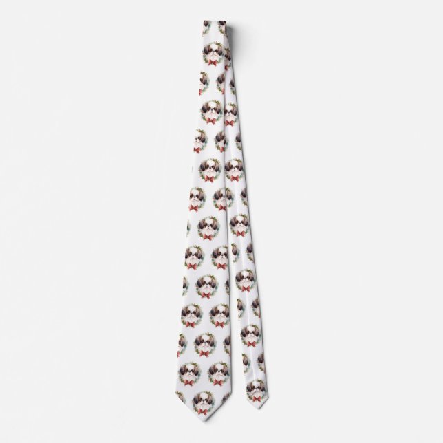 Japanese Chin Christmas Wreath Festive Pup Neck Tie (Front)