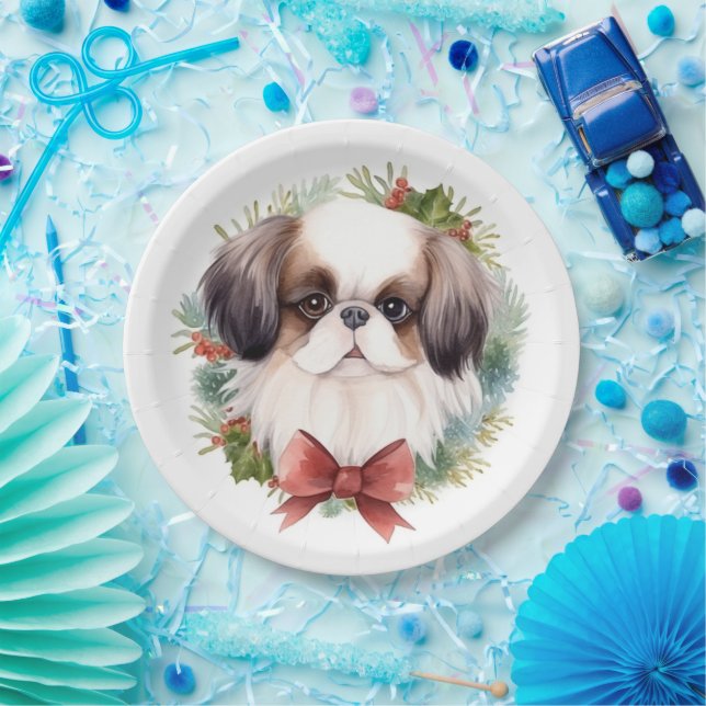 Japanese Chin Christmas Wreath Festive Pup Paper Plates (Party)