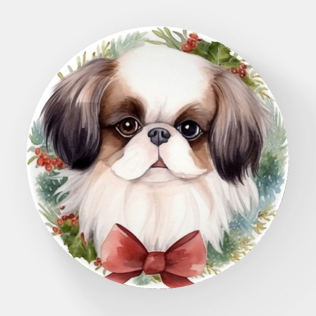 Japanese Chin Christmas Wreath Festive Pup Paperweight (Front)