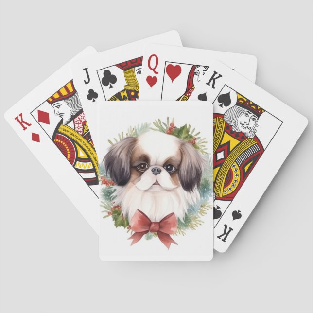 Japanese Chin Christmas Wreath Festive Pup Poker Cards (Back)
