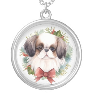 Japanese Chin Christmas Wreath Festive Pup Silver Plated Necklace