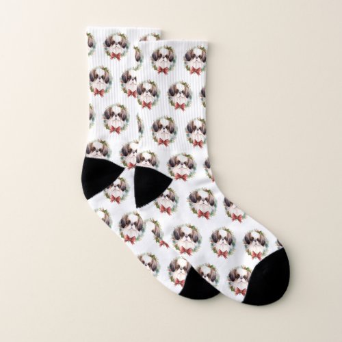 Japanese Chin Christmas Wreath Festive Pup Socks