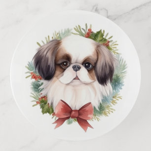 Japanese Chin Christmas Wreath Festive Pup Trinket Tray
