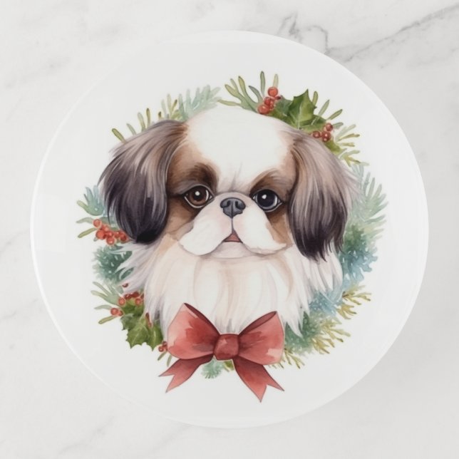 Japanese Chin Christmas Wreath Festive Pup Trinket Tray (Front)