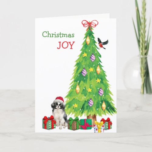 Japanese Chin Dog Bird and Christmas Tree Holiday Card
