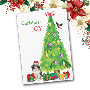 Japanese Chin Dog, Bird and Christmas Tree Holiday Card