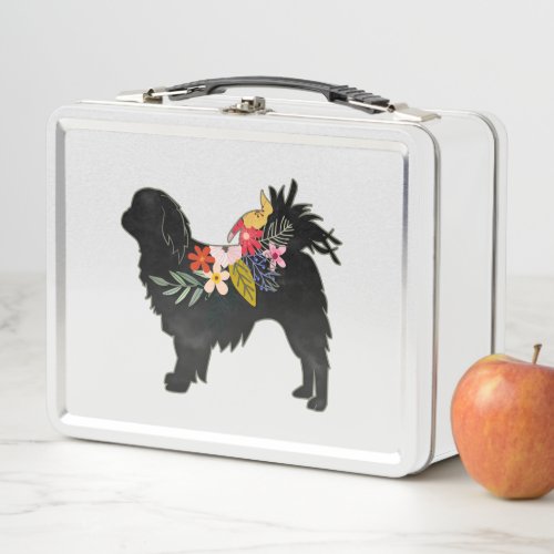 Japanese Chin Dog Breed Bohemian Floral Silhouette Metal Lunch Box