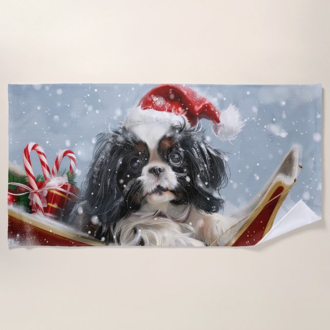 Japanese Chin Dog Christmas Festive Beach Towel (Front)