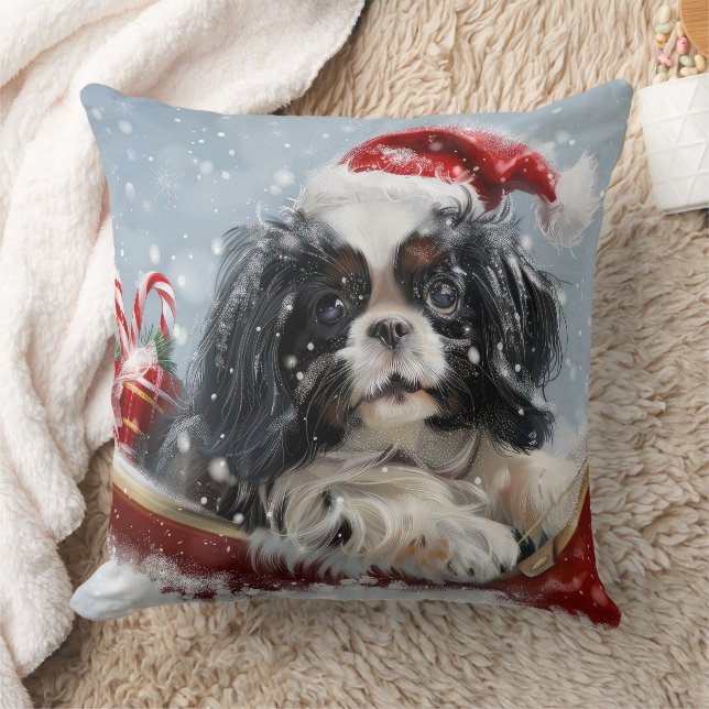 Japanese Chin Dog Christmas Festive Throw Pillow (Blanket)