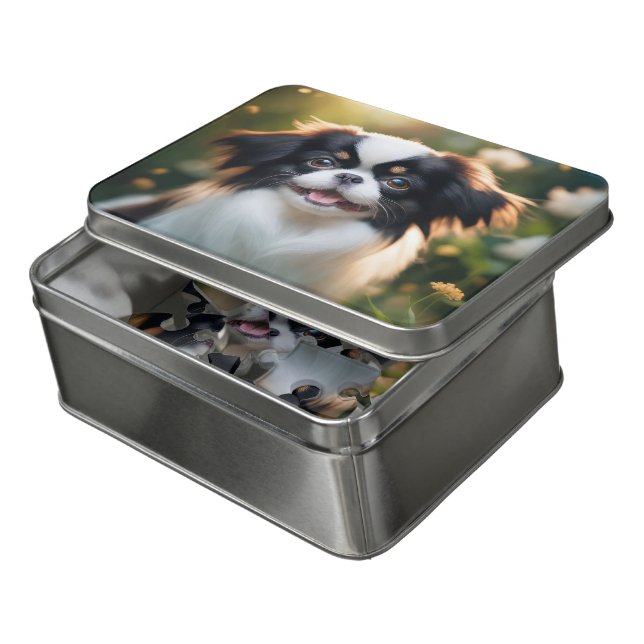 Japanese Chin Dog in Flower Field Acrylic  Jigsaw Puzzle (Lid Open)