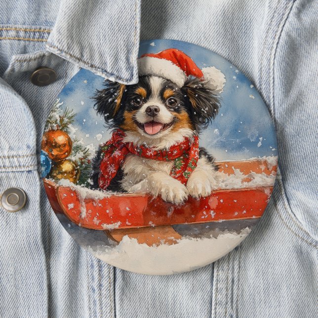 Japanese Chin Dog in Sledge Let it Snow Christmas Button (In Situ)