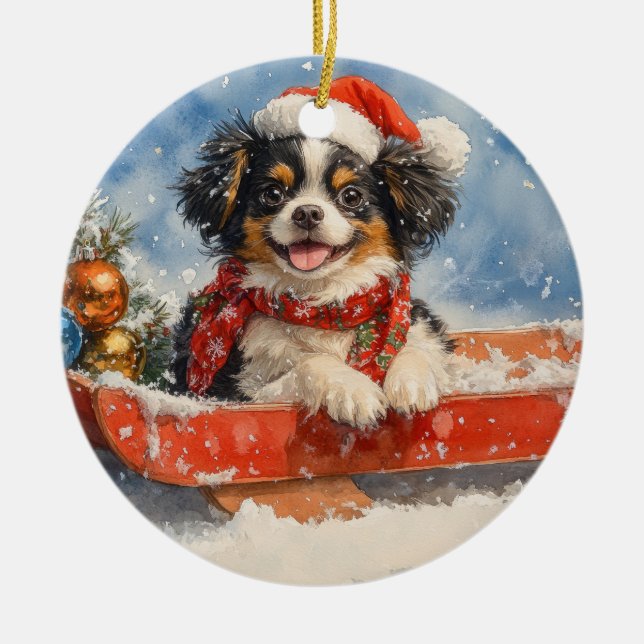 Japanese Chin Dog in Sledge Let it Snow Christmas Ceramic Ornament (Front)