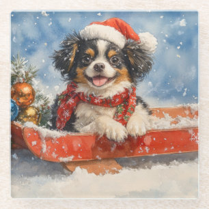Japanese Chin Dog in Sledge Let it Snow Christmas Glass Coaster
