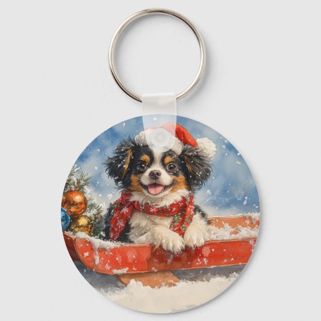 Japanese Chin Dog in Sledge Let it Snow Christmas Keychain (Front)