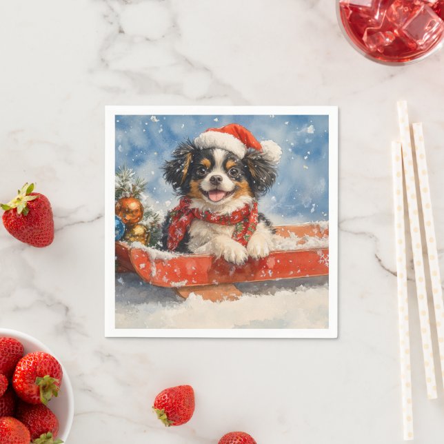 Japanese Chin Dog in Sledge Let it Snow Christmas Napkins (Insitu)