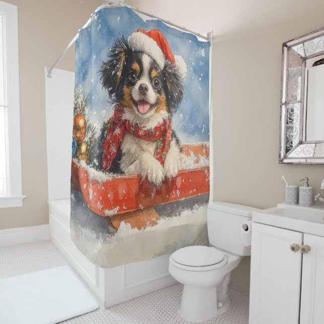 Japanese Chin Dog in Sledge Let it Snow Christmas Shower Curtain (In Situ)