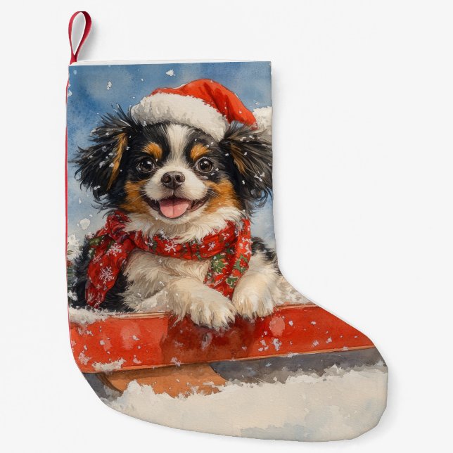 Japanese Chin Dog in Sledge Let it Snow Christmas Small Christmas Stocking (Front)