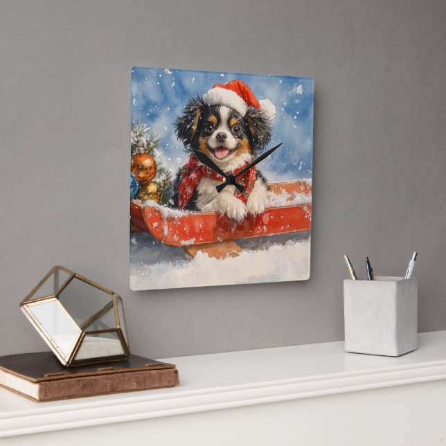 Japanese Chin Dog in Sledge Let it Snow Christmas Square Wall Clock (Office)