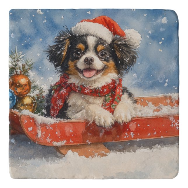 Japanese Chin Dog in Sledge Let it Snow Christmas Trivet (Front)