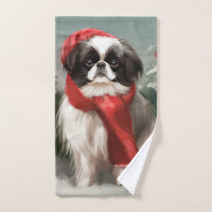 Japanese Chin Dog in Snow Christmas Bath Towel Set